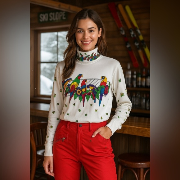 Vintage Tops - VINTAGE KOMBI 80s Vibrant  Parrot Base Layer Turtleneck